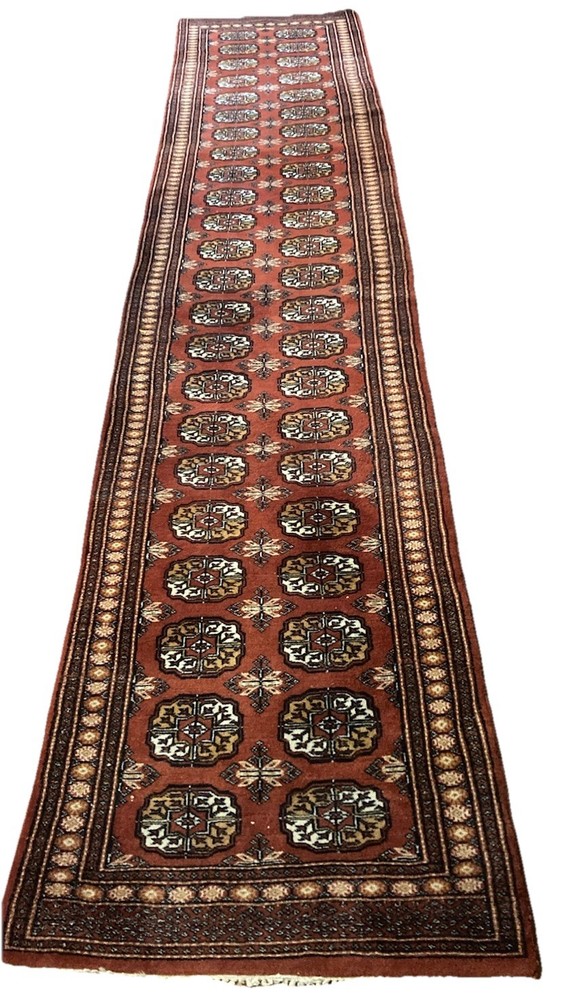 Vtg Hand Knotted BOKHARA Oriental Runner Rug-12'6"x2'7"-Rust Red-Tekke Gul Motif