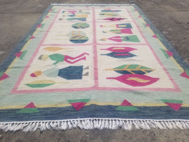 Vintage Hand Made Pictorial Dhurrie Wool Multicolor Kilim Rug 203x133cm gallery