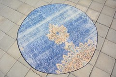 Blue Faded Turkish Vintage Round Rug, 3.6ft, Handmade Antique Floral Round Rug,
