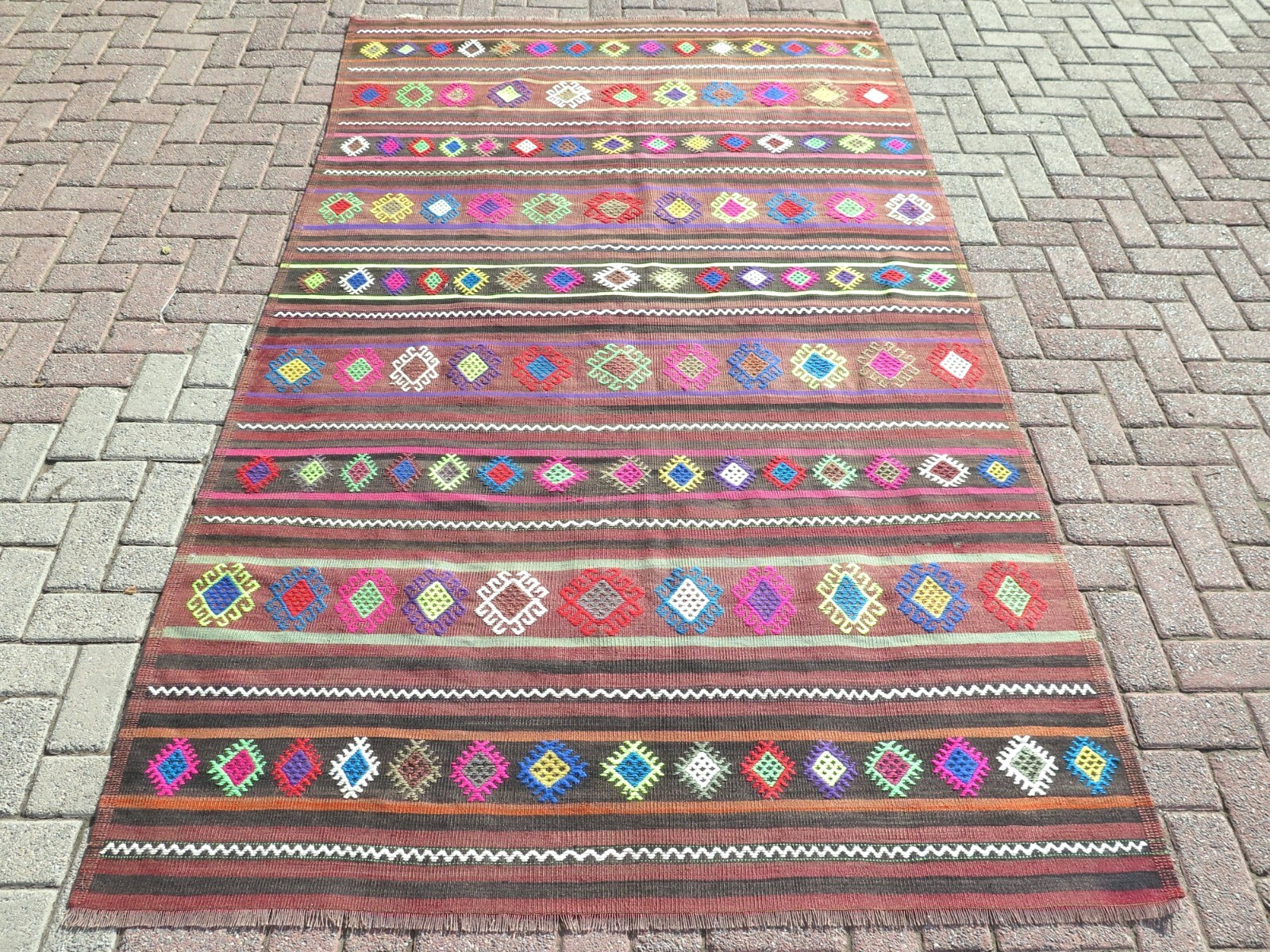 Vintage Turkish Kilim, Area Rugs, Large Wool Rug Handmade Floor Carpet 62"X105" gallery
