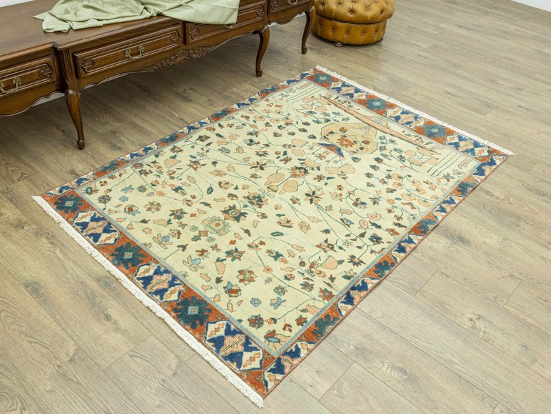 Handmade Turkish Oushak Rug – Vintage Wool Carpet Beige Rust Blue 4'4''x6'3'' gallery