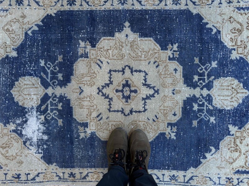 Hand-Knotted Turkish Carpet 3x5 Blue Wool Distressed Rug Muted Anatolian Carpet gallery