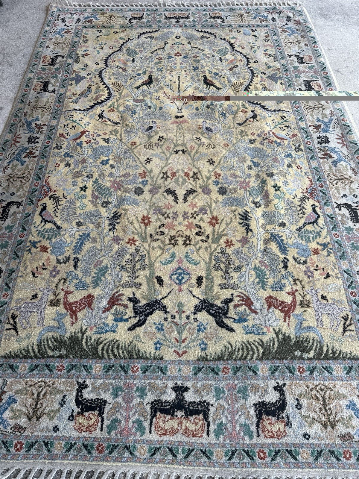 Semi Antique Prayer Rug Handmade Animals Tree Of Life 109”x69” Light Colors gallery