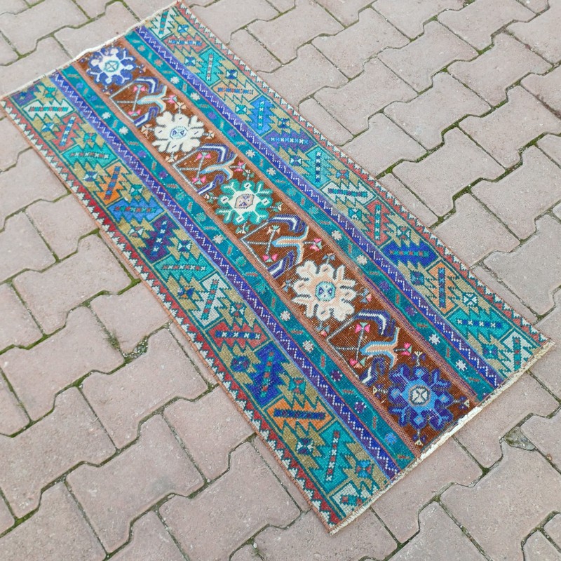 Turquoise Brown 1x4 ft Vintage Turkish Wool Accent Rug For Entryway- Tariff Free gallery