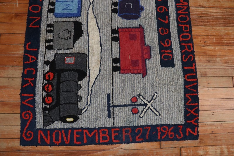 Vintage American Hook Hooked Pictorial Dated Train Rug Size 2'10''x4'4'' gallery