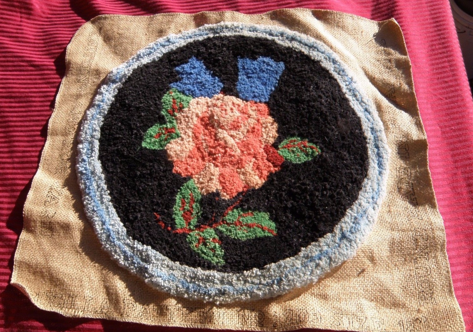 Antique Punch Needle Rug Wool Chair Seat American PINK ROSE What is It? folk art gallery