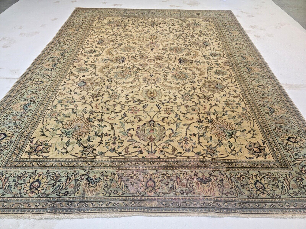 Antique Oriental Hand-Knotted Wool Area Rug Beige/Light Blue 9'7" x 12'7"