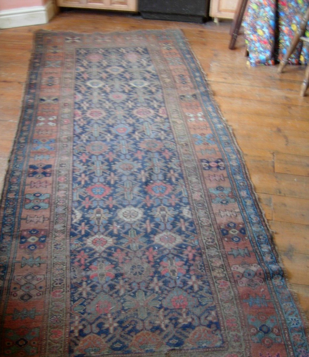 Antique Victorian oriental carpet runner for restoration or craft 295 x 108 cms gallery