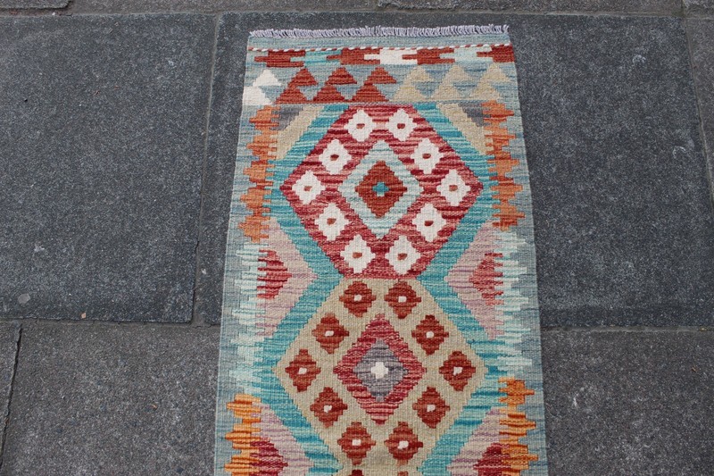 Kilim Vintage Traditional Hand Made Oriental Blue Wool Short Runner 148x52cm gallery