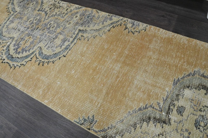 Vintage Turkish Runner Rug 2x7ft YELLOW Handmade Anatolian Oushak Hallway Wool gallery