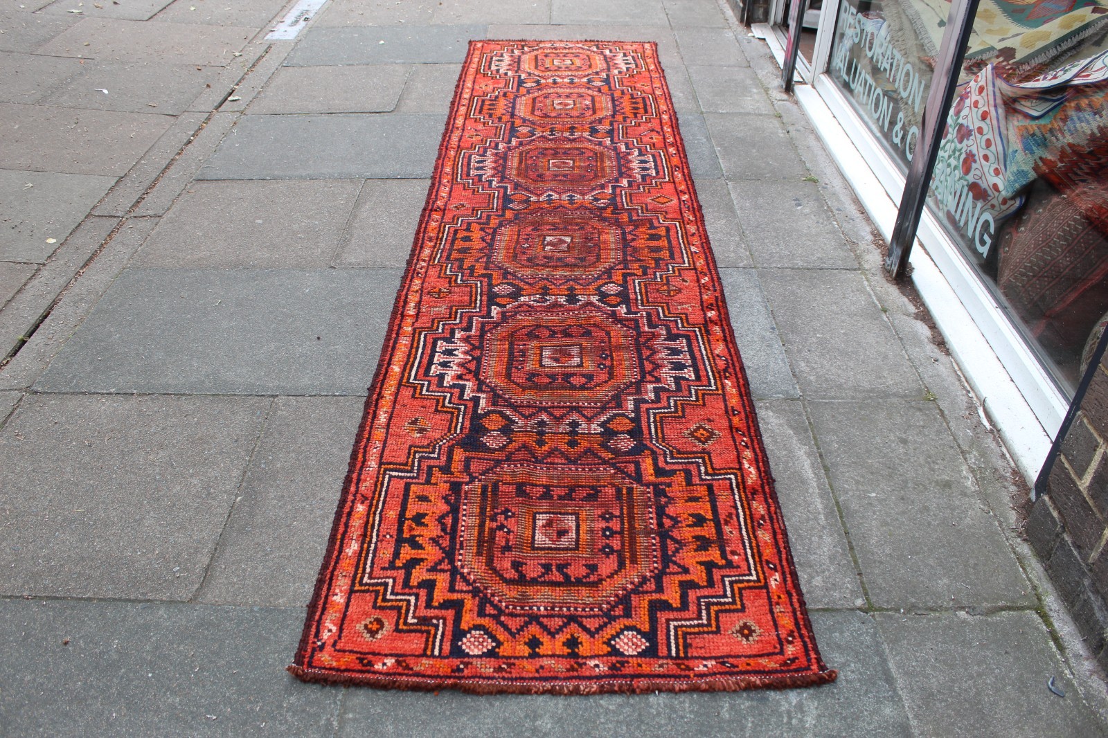 Vintage Worn Hand Made Traditional Oriental Wool Red Orange Long Runner 341x84cm gallery
