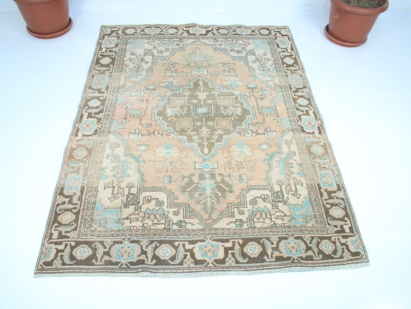 Vintage Hand Knotted Area Rug Blue Teal Brown Geometric Tribal 4x6 ft gallery