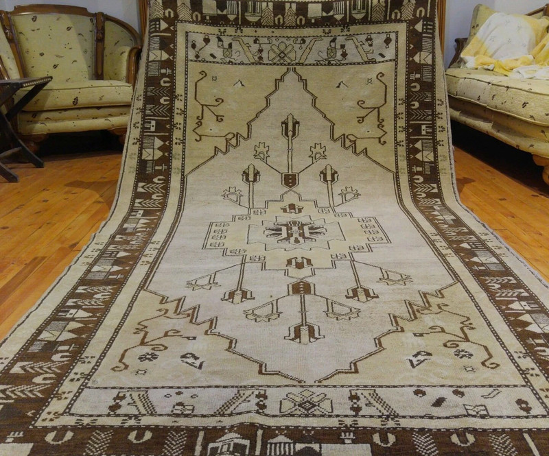 Rare Antique Ca1900-1939s Ivory-Gold Colors Wool Pile Rug 4’7”x 8’7” gallery