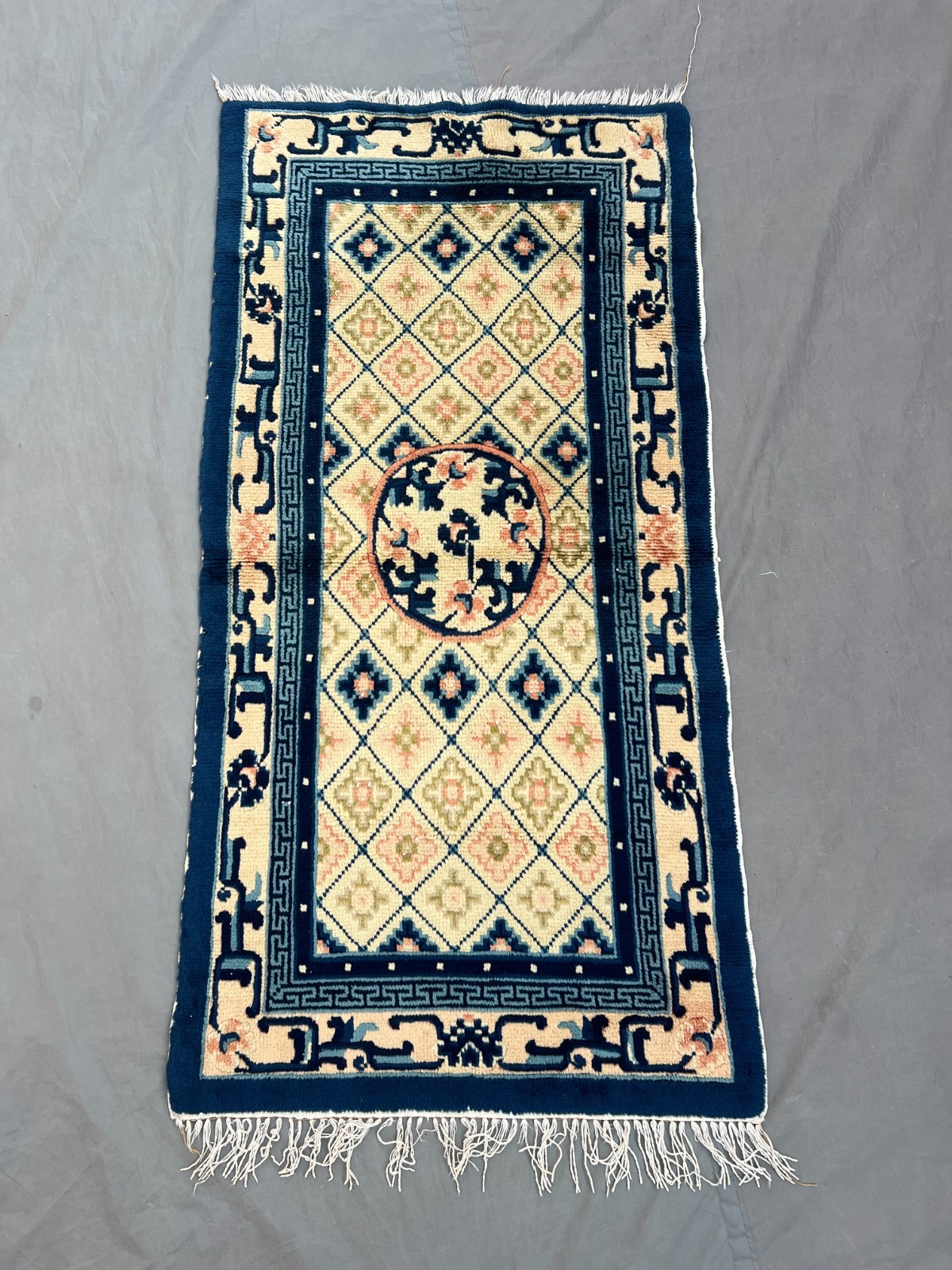 Vintage Chinese Rug 1'11x3'10 ft Hand-Knotted Wool Blue Cream Soft Pile Carpet gallery