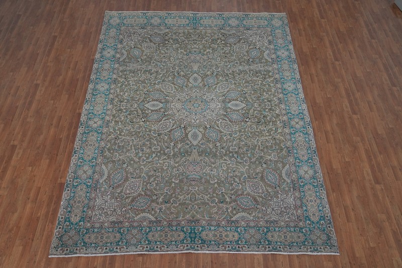 Vintage Muted Green Wool Tebriz Traditional Handmade Room Size Area Rug 9x13 gallery