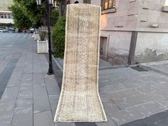 Vintage Turkish Runner Rug 2.8×10.2 ft Beige Cream Hallway Wool Handmade Rug