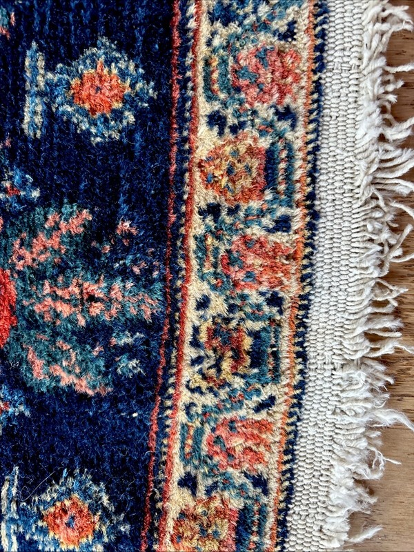 Fine Antique 2x3 Sennehh Rug C. 1910 Golfarang Flower pattern Navy Peach Ivory gallery