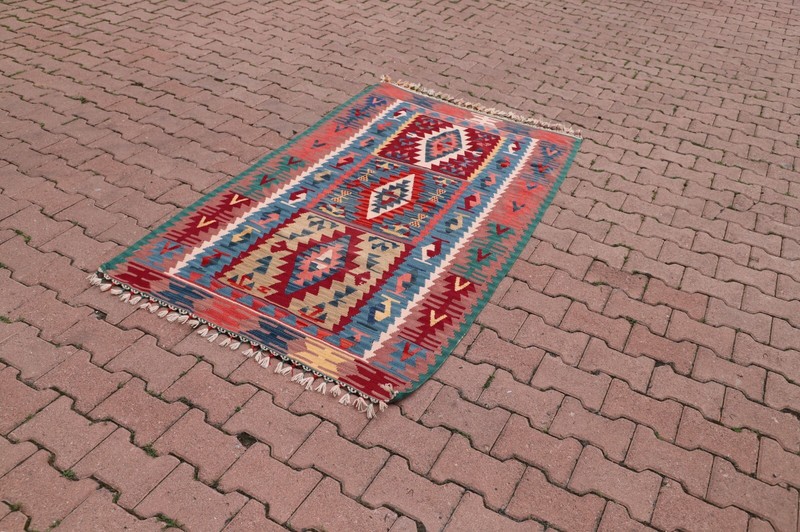Blue Handmade Kilim Cappadocia Vintage Carpet Anatolian Tribal Accent Rug 4x7 ft gallery