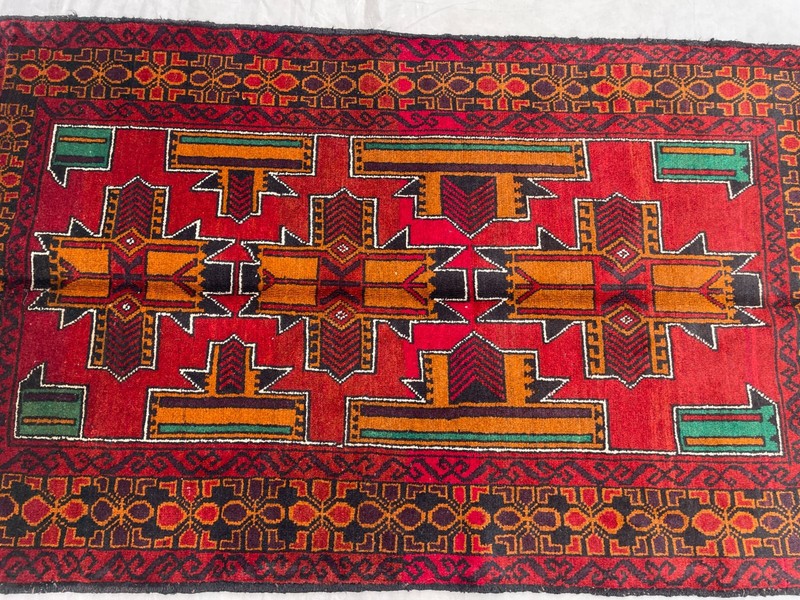 2'11x4'9 ft Vintage Afghan Baluchi Hand Knotted Wool Red Gold Geometric Area Rug gallery
