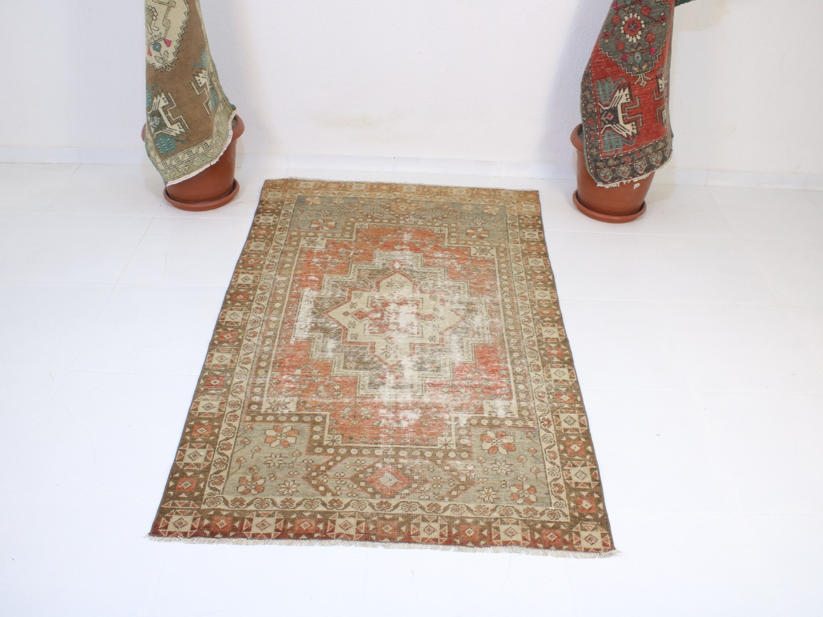 Vintage Turkish Area Rug 4x6 ft | Handmade Wool Red Beige Rug |3.6 x 5.8 ft gallery