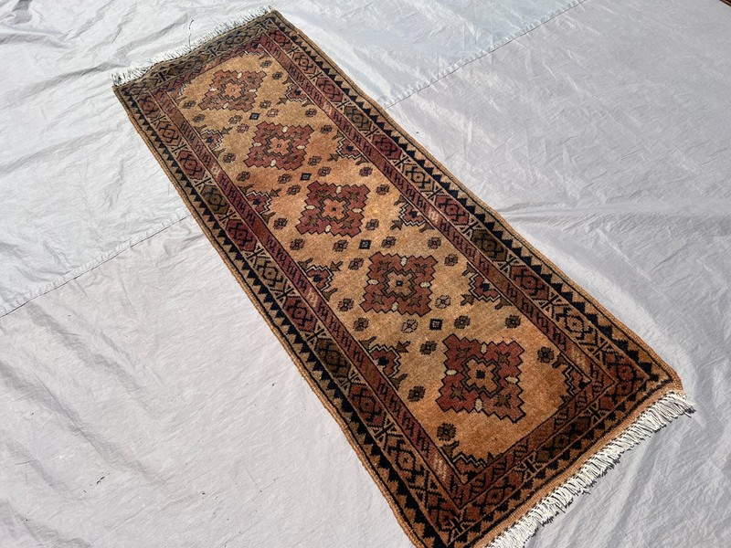 Beige Terracotta Afghan Runner Rug 2x5 ft Hand Knotted Geometric Turkmen Carpet gallery
