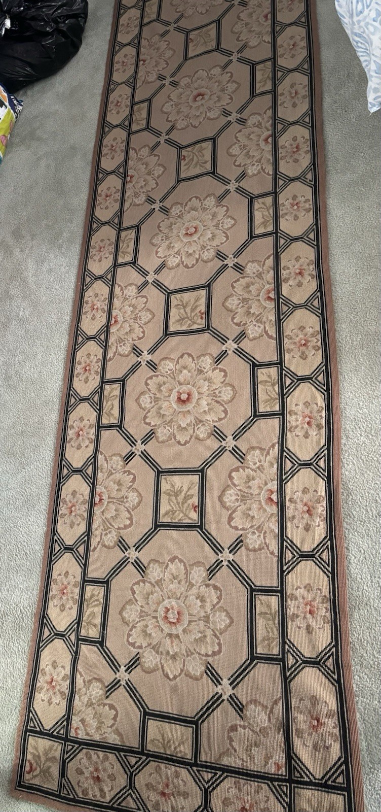 Needlepoint Runner Rug 2.5’ x 10’ English Floral Black Beige Tan Rose Pink Wool gallery