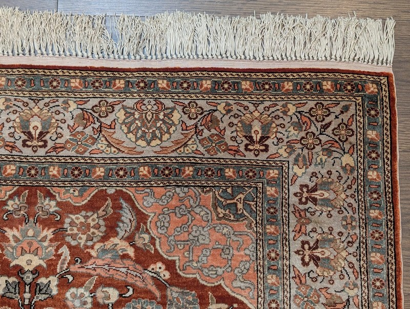Turkish Hereke Rug 3x5, Fine Hand-Knotted Silk Carpet, Rust Red & Green gallery