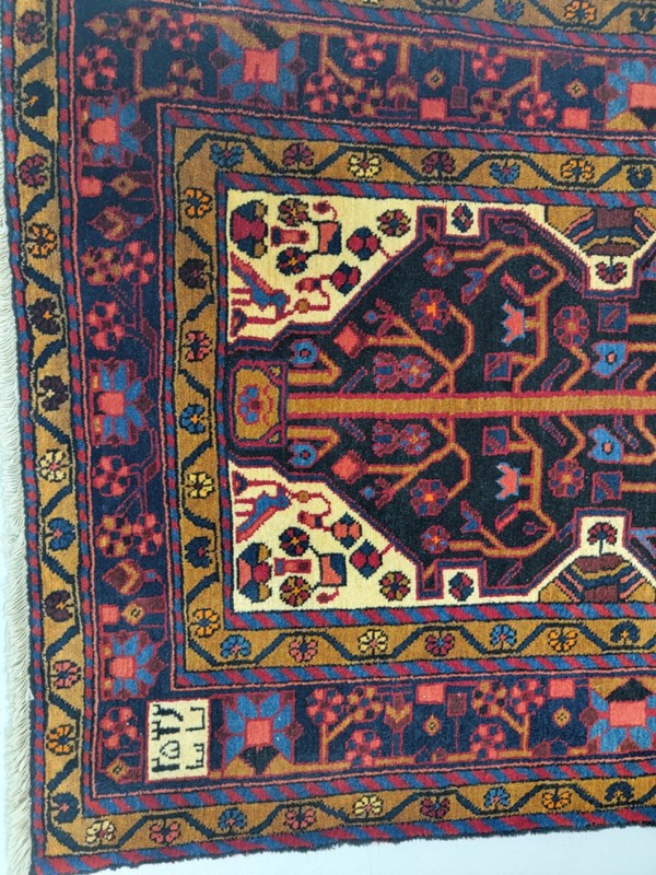 Antique Oriental Hand-Knotted Wool Runner Navy Blue/Red/Ivory/Blue 3'6" x 17'3" gallery