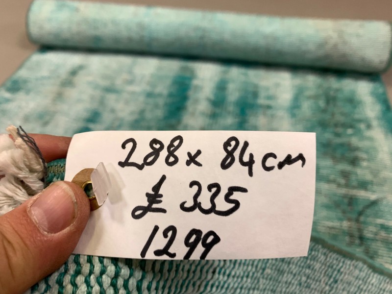 Distressed Turkish Narrow Runner 288x84 cm wool Vintage rug, Overdyed Green gallery