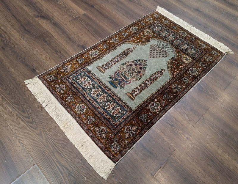 Silk Turkish Kayseri Prayer Rug, Light Mint Green, Fine 360 KPSI, Handmade gallery