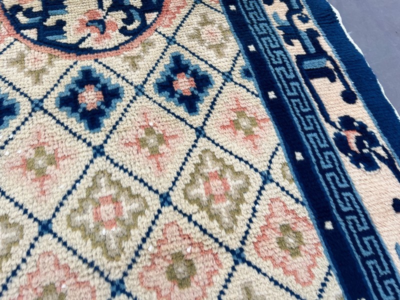 Vintage Chinese Rug 1'11x3'10 ft Hand-Knotted Wool Blue Cream Soft Pile Carpet gallery