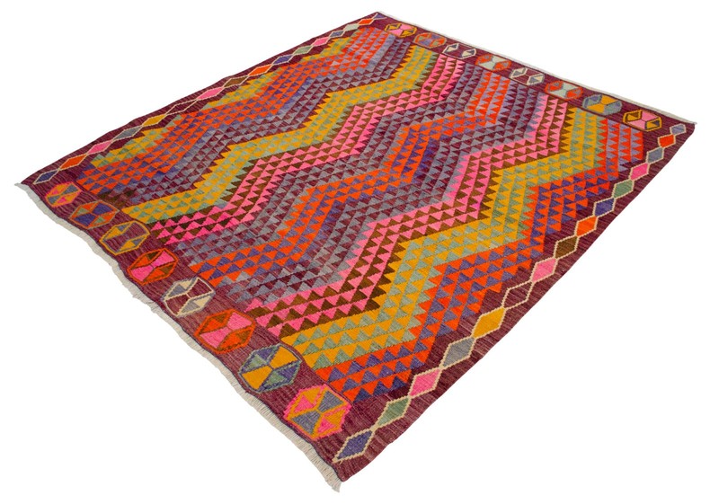 Vintage Turkish Rug Kilim – Handwoven Wool Rug Colorful Area Rug 5'7" x 6'1" gallery