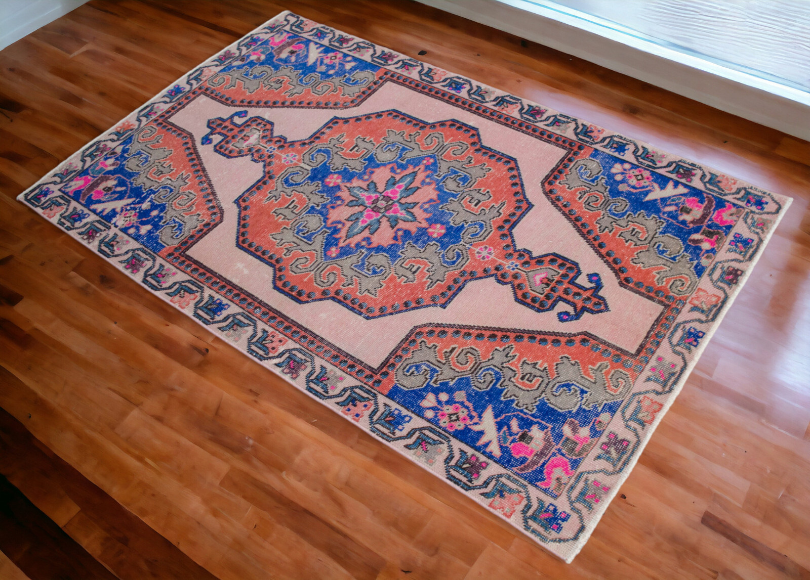 Colorful Area Rug Hand Knotted Turkish Rug Oushak Rug Distressed Rug 4'3" x 7'2" gallery