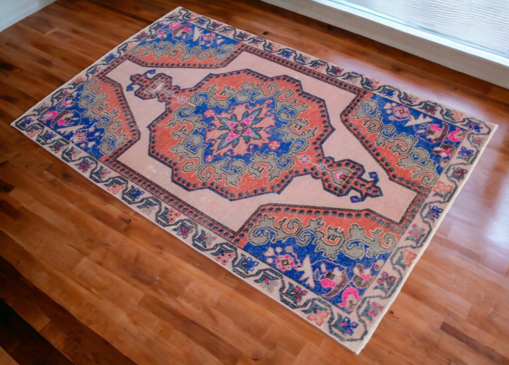 Colorful Area Rug Hand Knotted Turkish Rug Oushak Rug Distressed Rug 4'3" x 7'2"