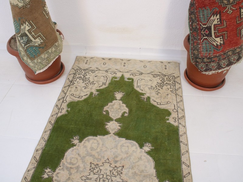 Vintage Turkish Accent Rug 2.7x6.6 ft | Handmade Wool Green Beige Rug | 83x203 gallery