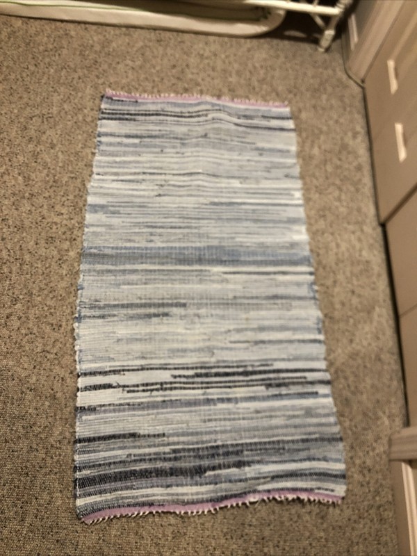 VTG HAND LOOMED DENIM RAG FLOOR RUG BLUE FARMHOUSE 1970s #4 25 1/ X 48 1/2" gallery