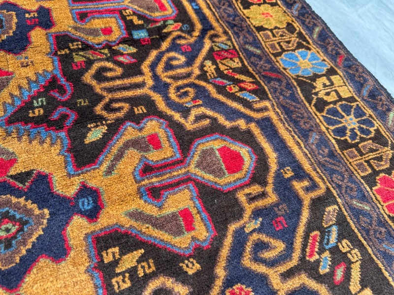 4x6'6 ft Vintage Afghan Baluchi Hand Knotted Wool Navy Gold Herati Field Rug gallery