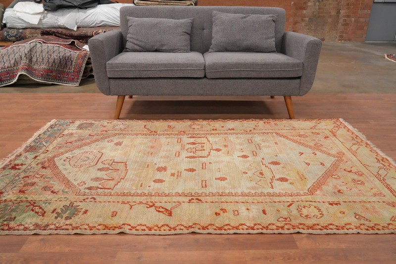 Pre-1900 Oushak Handmade Rug 4x7 Antique Geometric Vegetable Dye Ivory Carpet gallery