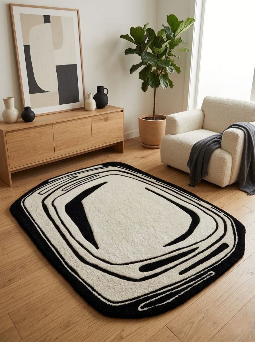 Modern area rug irregular rug black & beige rug monochrome rug line art rug gallery
