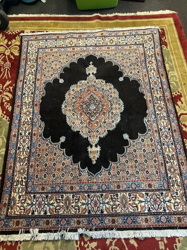 Navy Blue Floral Antique Rug 6.5 X 4.75 Ft Handmade