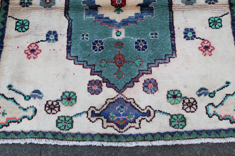 Vintage Hand Made Traditional Rug Oriental Cotton White Green Small Rug 98x94cm gallery