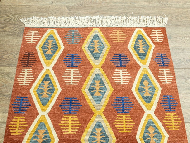 Handwoven Turkish Kilim Rug 3.9x5.5 ft Terracotta Tribal Wool – Designer Home gallery