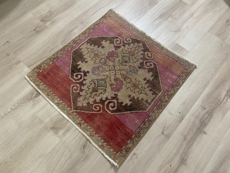 Vintage Turkish Area Rug 2.2x2.2 Ft Hand Knotted Wool Boho Accent Carpet gallery