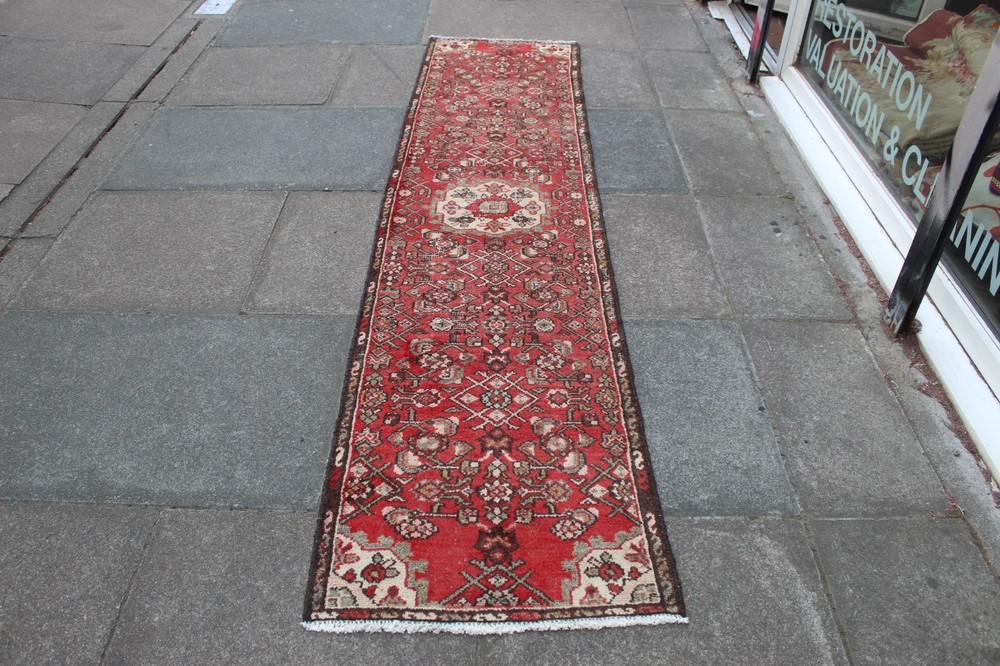 Vintage Worn Hand Made Traditional Oriental Wool Red Long Runner 257x63cm