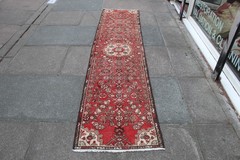 Vintage Worn Hand Made Traditional Oriental Wool Red Long Runner 257x63cm
