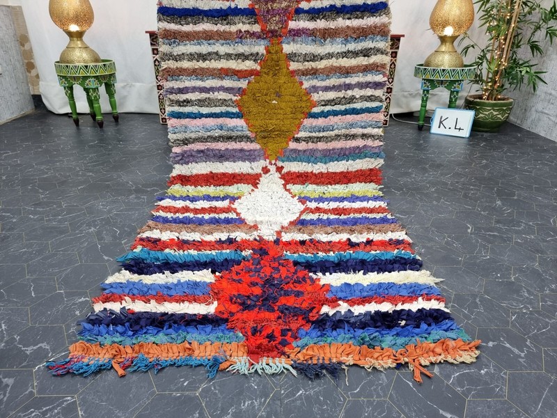 Moroccan Handmade Vintage Boucherouite 3'3"x8'7" Geometric Blue Cotton Area Rug gallery