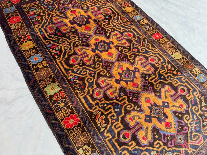 4x6'6 ft Vintage Afghan Baluchi Hand Knotted Wool Navy Gold Herati Field Rug gallery
