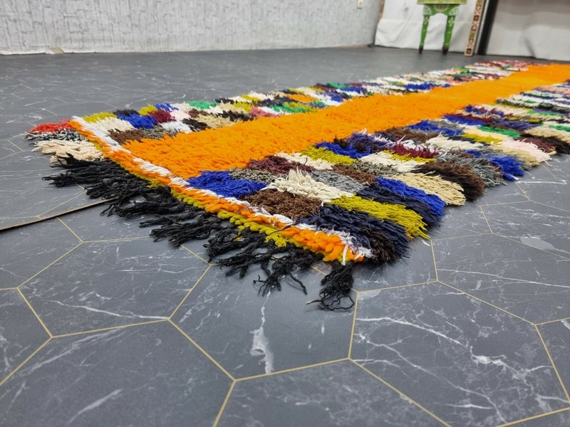 Moroccan Handmade Vintage Rug 2'6"x9'7" Berber Checkered Orange Blue Carpet gallery