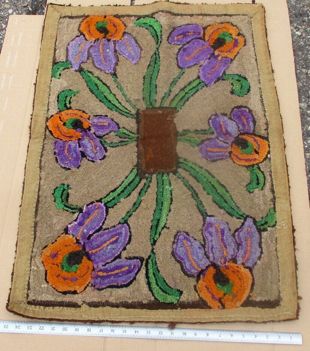 Antique American Hand HOOKED RUG IRIS WALL ART Hanging BOTANICAL FOLK ART gallery