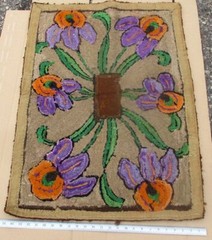 Antique American Hand HOOKED RUG IRIS WALL ART Hanging BOTANICAL FOLK ART
